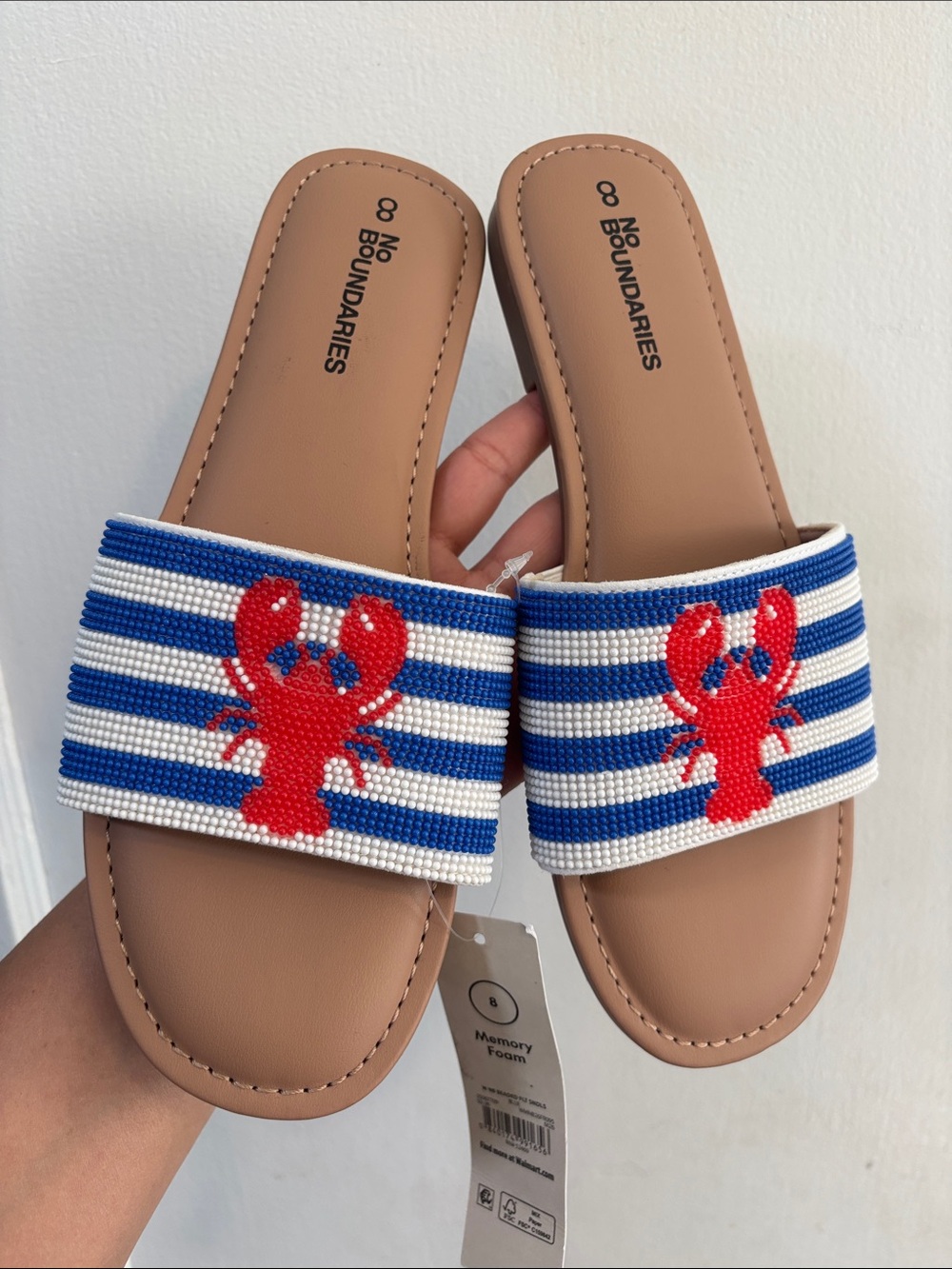 No Boundaries Blue, White & Red Beaded Slide Sandals